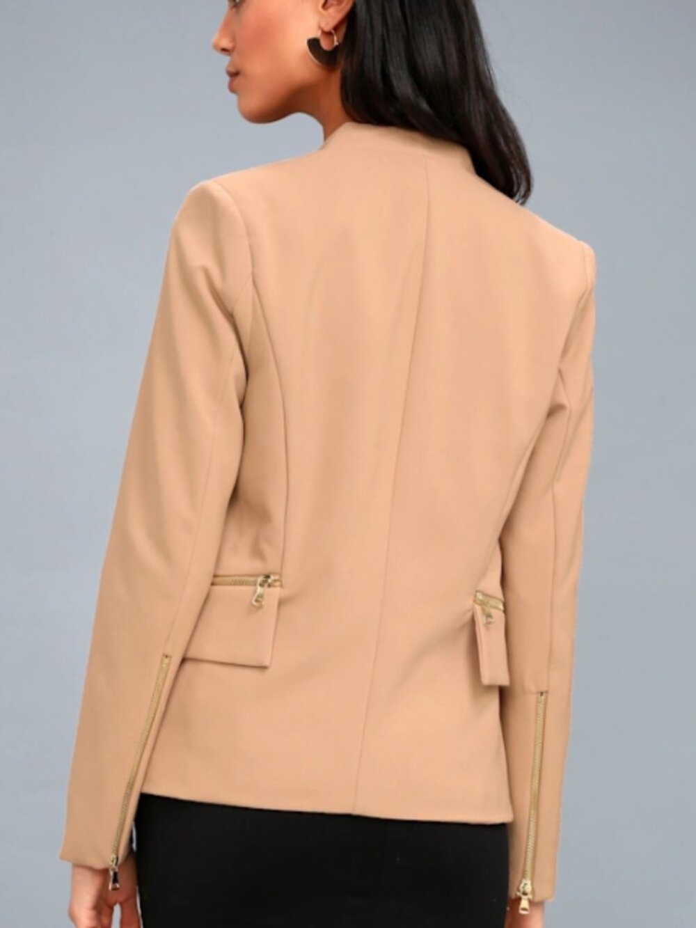 Lulus VP of Chic Tan Nude Zip Pocket Collarless Open Blazer - Picture 3 of 4